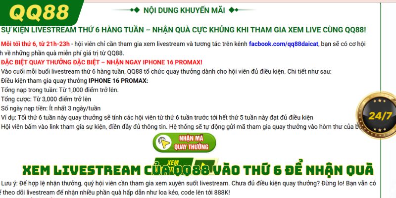 Xem livestream của QQ88 vào thứ 6 để nhận quà